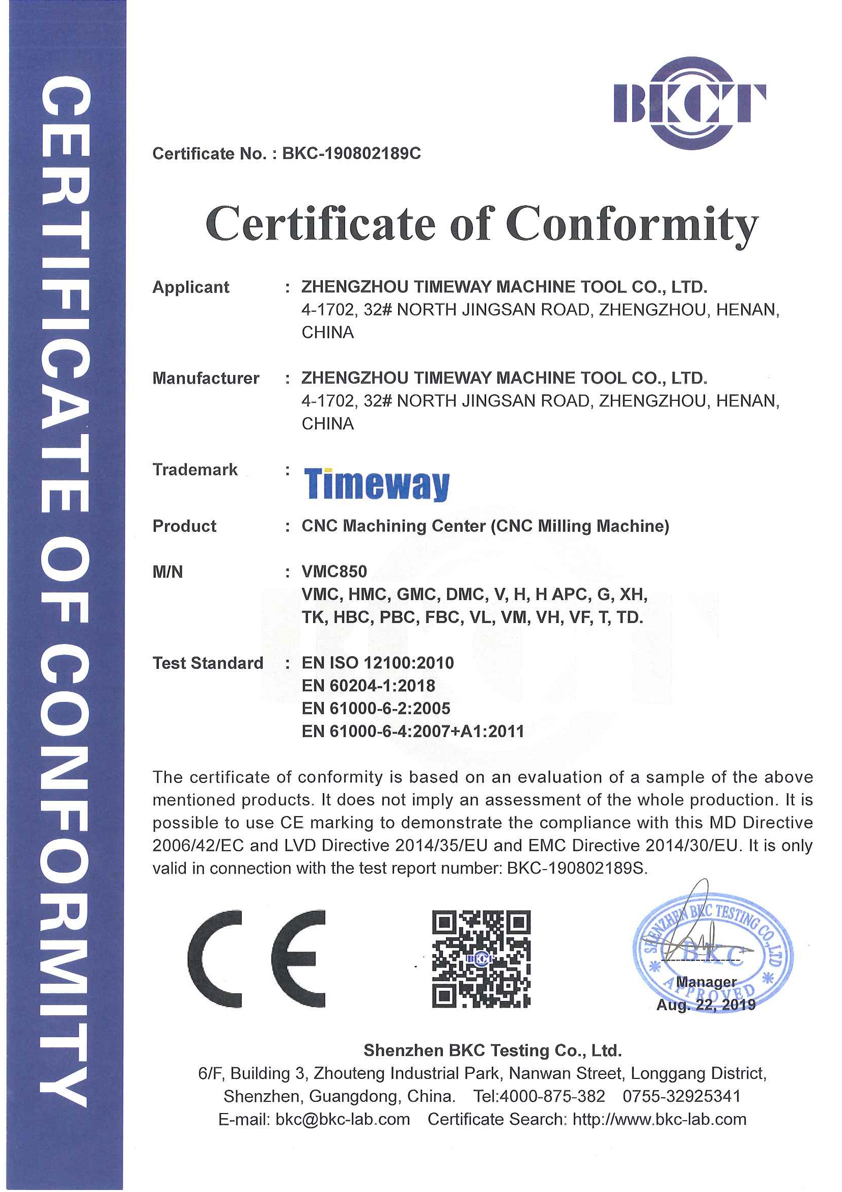 Certificado CE - Centro de mecanizado CNC (fresadora CNC)